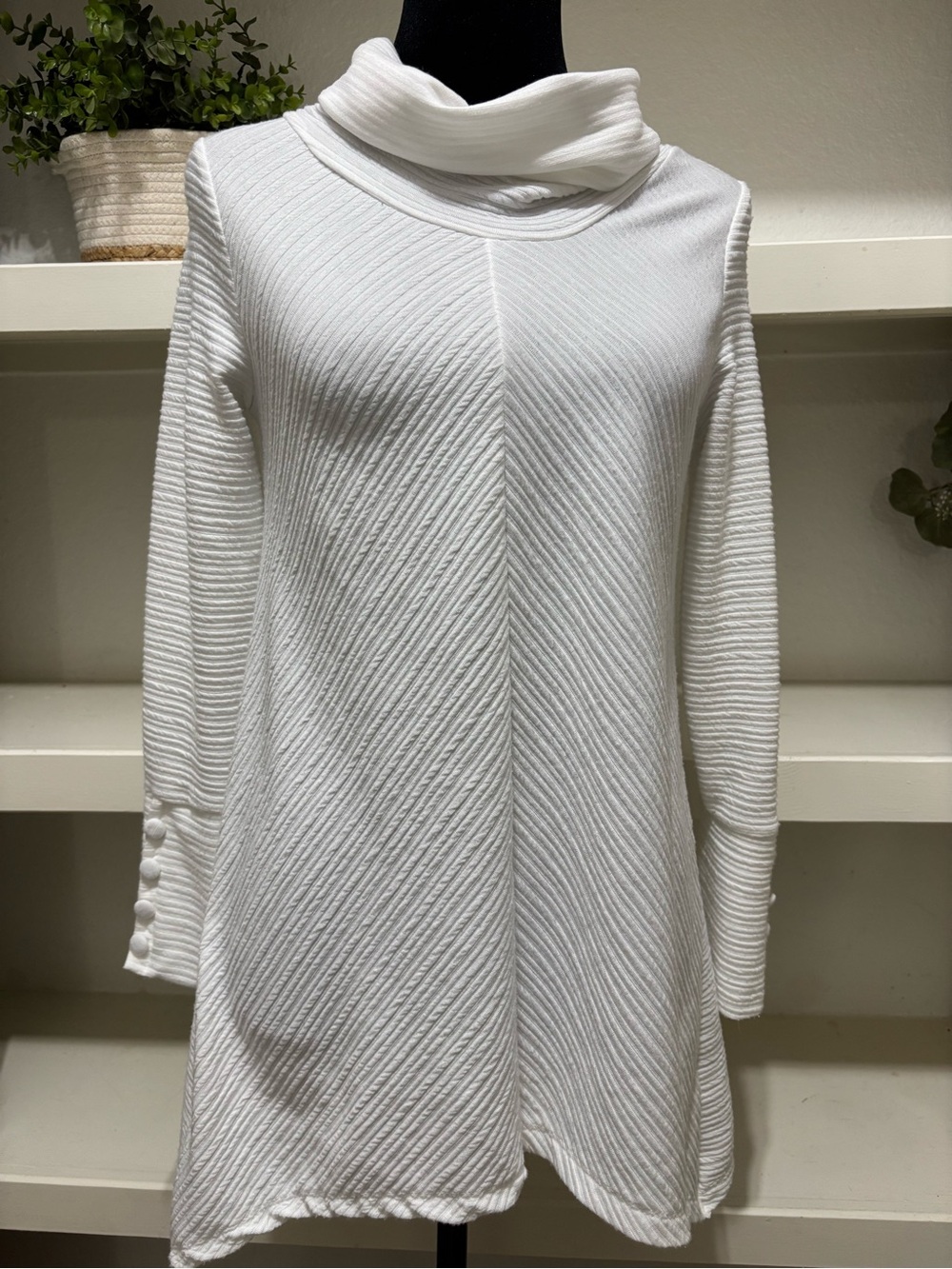 White Cowl Neck Ribbed Tunic Dress - Women